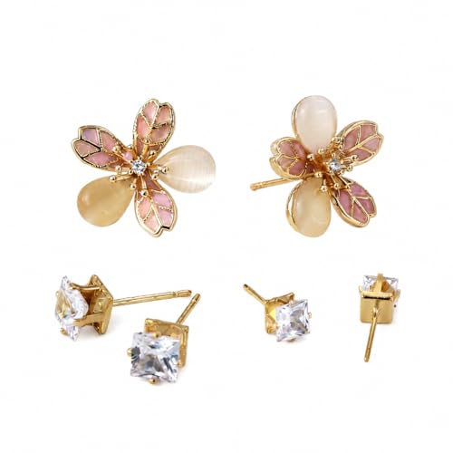 3 Pair Small Stud Earrings for Women Trendy 14K Copper Gold Hypoallergenic Premium Cubic Zirconia Fashion Jewelry Gifts Petal Stud