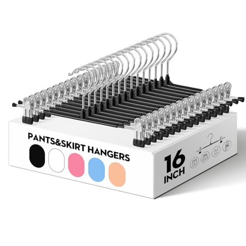 HUADYMEET 16 Inch Extended-Length Pants Skirt Hangers Non-Slip,50 Pack Adjustable Jeans Trousers Shorts Metal Clothes Hangers with Clips for Men Women, Strong Durable Heavy Duty Space Saving(Black) by HUADYMEET - Used condition - US$64.34