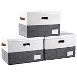 PRANDOM Foldable Storage Bins with Lids [3-Pack] Fabric Collapsible Storage Boxes Baskets Cubes Containers with Handles for Closet Living Room Bedroom (Grey & White 17.7x11.8x11.8'')