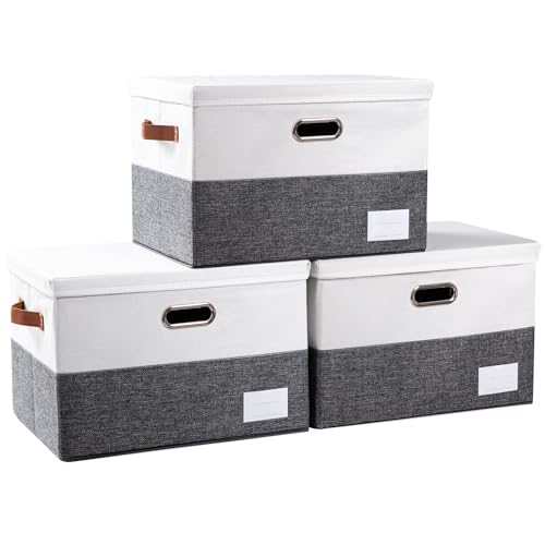 Image of PRANDOM Foldable Storage Bins with Lids [3-Pack] Fabric Collapsible Storage Boxes Baskets Cubes Containers with Handles for Closet Living Room Bedroom (Grey & White 17.7x11.8x11.8'')