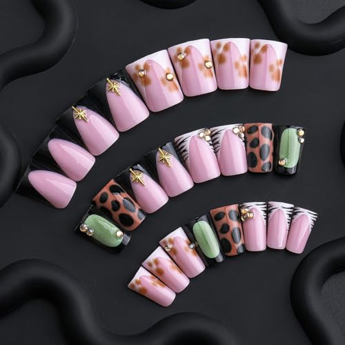 Image of Duck Press on Nails French Tip Fake Nails Leopard Print Glue on Nails with Rhinestone Design Glossy Full Cover Reusable Artificial Acrylic Star Stick on Nail for Women Manicure 24Pcs