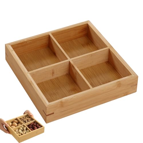 おぼん 可愛い 北欧 木製仕切り盆 正方形 滑り止め 木製トレー 多コンパートメントお鍋お寿司お皿 お盆 綺麗な仕上げ 安全に使用 シンプルなデザイン 多機能 ホットポットや寿司店で使用 天然木素材 自然な質感 給食 業務用 (木の色,4つのグリッド) [
