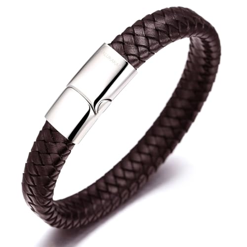 HALUKAKAH ● Solo ● Pulsera Hombre Cuero Genuina Marrón con Cierre Magnético Titanio Acero Inoxidable Plata 8.46