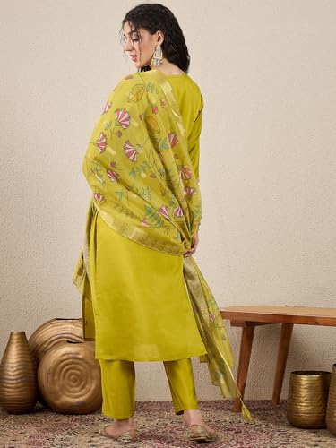 Image of VredeVogel Women's Beads Embroidered Silk Blend Kurta Pant Set with Organza Dupatta | Perfect for Festive & Casual Ethnic Kurta Set for Women