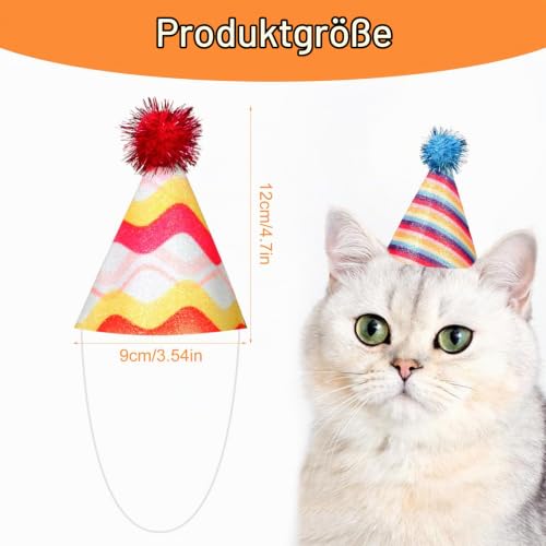 6 Stück Partyhüte Geburtstag,Partyhüte für Kuscheltiere Bunt Geburtstagshut für Hunde Und Katzen Partyhüten Mit Pompon und Glitzerdetails Kleine Kegelhüte mit Glitzer Pompons Kgeburtstagszubehör
