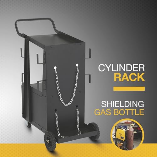 Image of Klutch 2-Tier Welding Cart with Cabinet, 100-Lb., 31.5in.L x 16.1in.W | Gas-cylinder rack, cable wraps, swivel casters, stick /plasma-cutter compatibility, fabrication /repair versatility