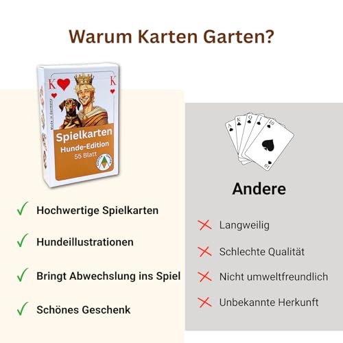 Karten Garten Spielkarten Hunde-Edition | 55 Karten inkl. 3 Joker | Made in Germany, CO₂-neutral gedruckt & plastikfrei produziert | Kartenspiel mit Hunderassen | Geschenk für Hundeliebhaber