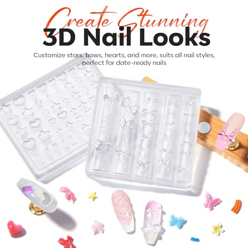 Image of modelones Silicone Nail Art Molds, 3D Multiple Bowknot& Star Designs with Carving Pen, Easy DIY Nail Mold for Gel & Acrylic, Reusable Nail Art Tools for Beginners & Professionals