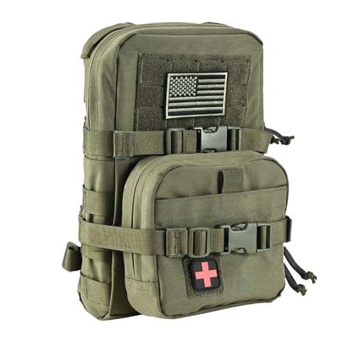 Tactical Mini Molle Hydration Pack,Molle Hydration Carrier with IFAK Pouch&US Flag&Med Patch,Hydropack for 2L Water Bladder (Ranger Green)