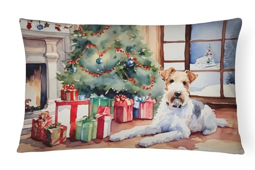 Caroline's Treasures DAC2767PW1216 Fox Terrier Cozy Christmas Throw Pillow Machine Washable, Indoor Outdoor Decorative Pillow for Couch, Bed or Patio, 12HX16W