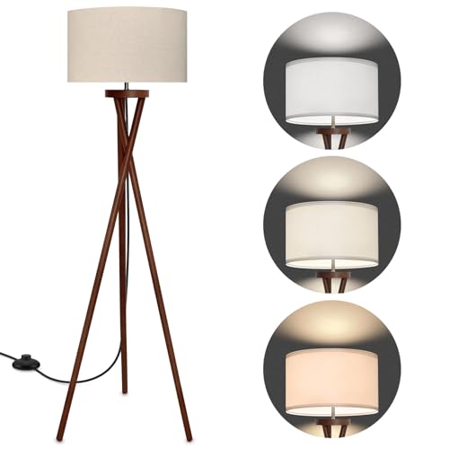 LRLTECH Wood Tripod Floor Lamp, Modern Design Light, Flaxen Lamp Shade with 3 Color Temperatures LED...