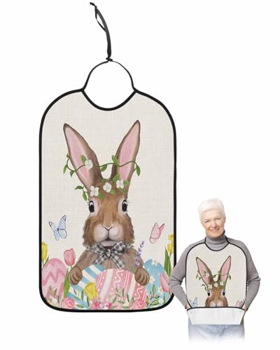 LEOKOTI Spring Floral Easter Adult Bibs for Eating, Waterproof Bibs with Food Catcher & Adjustable Snap Closure, Bunny Colorful Eggs Tulip Rustic Washable Clothing Protectors Adult Bibs for Elderly