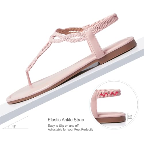 Image of iCKER Womens Braided T‑Strap Flat Sandals Elastic Stretch Ankle Strap | Boho cute casual lightweight and comfort matches dresses for beach vacation