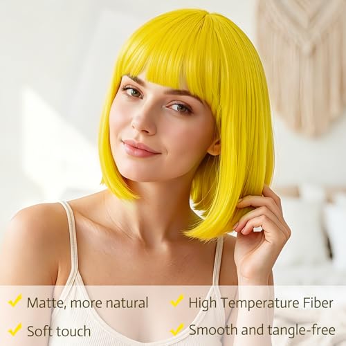 Image of MEEZY Yellow Bob Wig with Bangs Heart Sunglasses for Women, Neon Colored Bob Hair Funny Party Wig Synthetic Crazy Hair for Woman Man Halloween Costume Cosplay Bachelorette Party Supplies