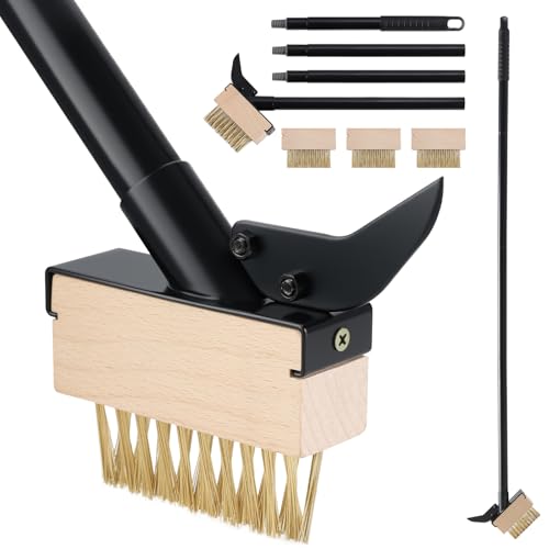 Mitclear Brosse à Mauvaises Herbes avec Manche Long(128cm), Désherbeur Manuel, Outil de Jardin avec Brosse Métallique et Grattoir, Désherber, Élimine la Mousse sur...