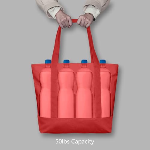 Image of TOPDesign 3-Pack Canvas Tote Bags with an External Pocket, Reusable Grocery Shopping Bags, Top Zipper Closure, Daily Essentials (Red)