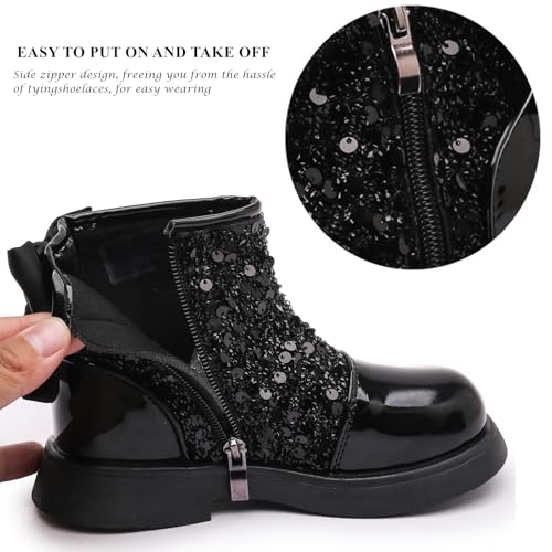 DADAWEN Girls Toddler Bow Ankle Boots Glitter Sequin Side Zipper Low Chunky Heel Fall Winter Dress Booties Shoes4