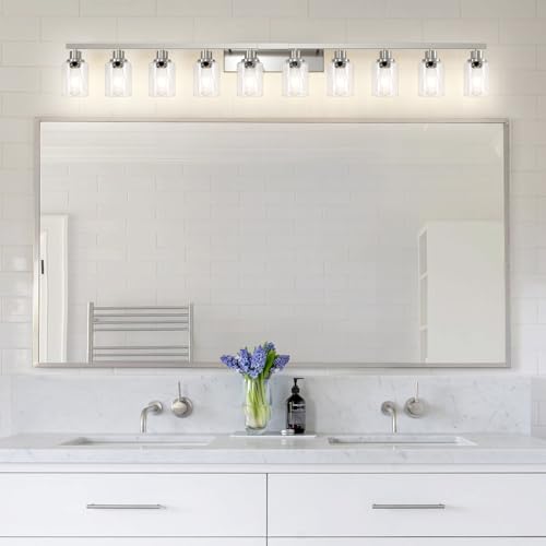 Image of Brushed Nickel Bathroom Vanity Light,10-Light Vanity Lights with Clear Glass,64.5in Modern Bathroom Wall Lights Fixtures Over Mirror,Wall Sconces Lighting for Bedroom Living Room,E26