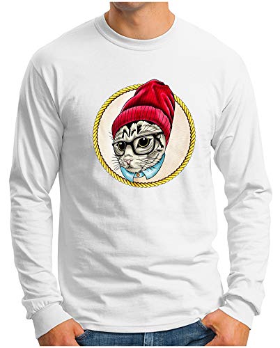 T-shirt à manches longues OM3 homme blanc hipster cat bonnet et lunettes XL
