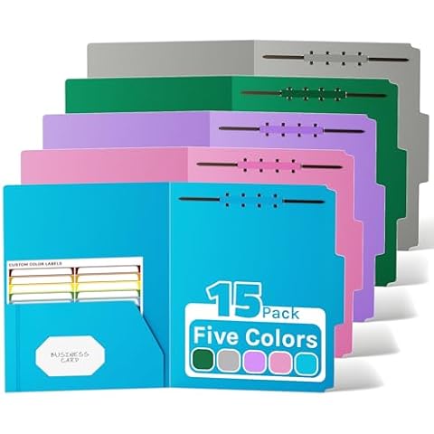 Ansook Manila Fastener File Folder,Plastic Folders with Pockets,1/3 Cut Tabs,Reinforced Heavy Duty Pocket Folder with Brad,Staggered Top Tab Folders,Manila,Letter Size,12 Pack,Assorted Color Cover