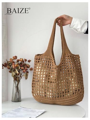 Bolsos tote tejidos a mano para mujer, estilo bohemio, con detalles huecos y asas superiores, color marrón miniatura 3