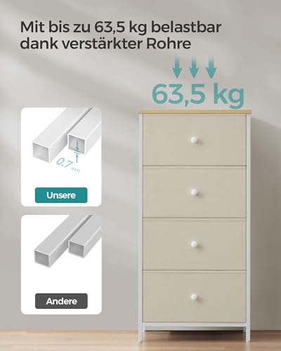 SONGMICS Kommode, Aufbewahrungsschrank mit 4 Stoff-Schubladen, Metallrahmen, hoch und schmal, kamelgelb-cremeweiß LTS314W01