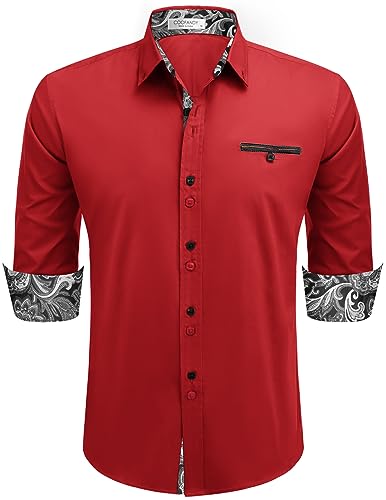 COOFANDY Dress Shirts for Men Long Sleeve Casual Cotton Shirt Contrast Cuff Party Shirts Men Ponceau XXL