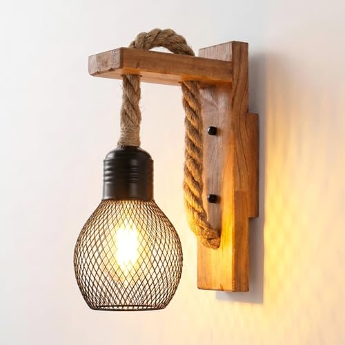 Image of Rravdst Wooden Wall Light Hemp Rope, Industrial Wall Sconce Light Indoor, E27 LED Retro Wall Light, Metal Black Wall Lamp Shade for Living Room, Bedroom, Hallway, Corridor, Cafe Bar