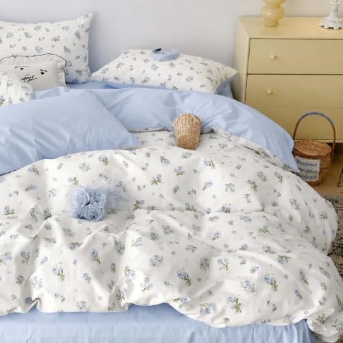 Image of Nayoroom Blue Floral Duvet Cover Queen Reversible Cottagecore Bedding