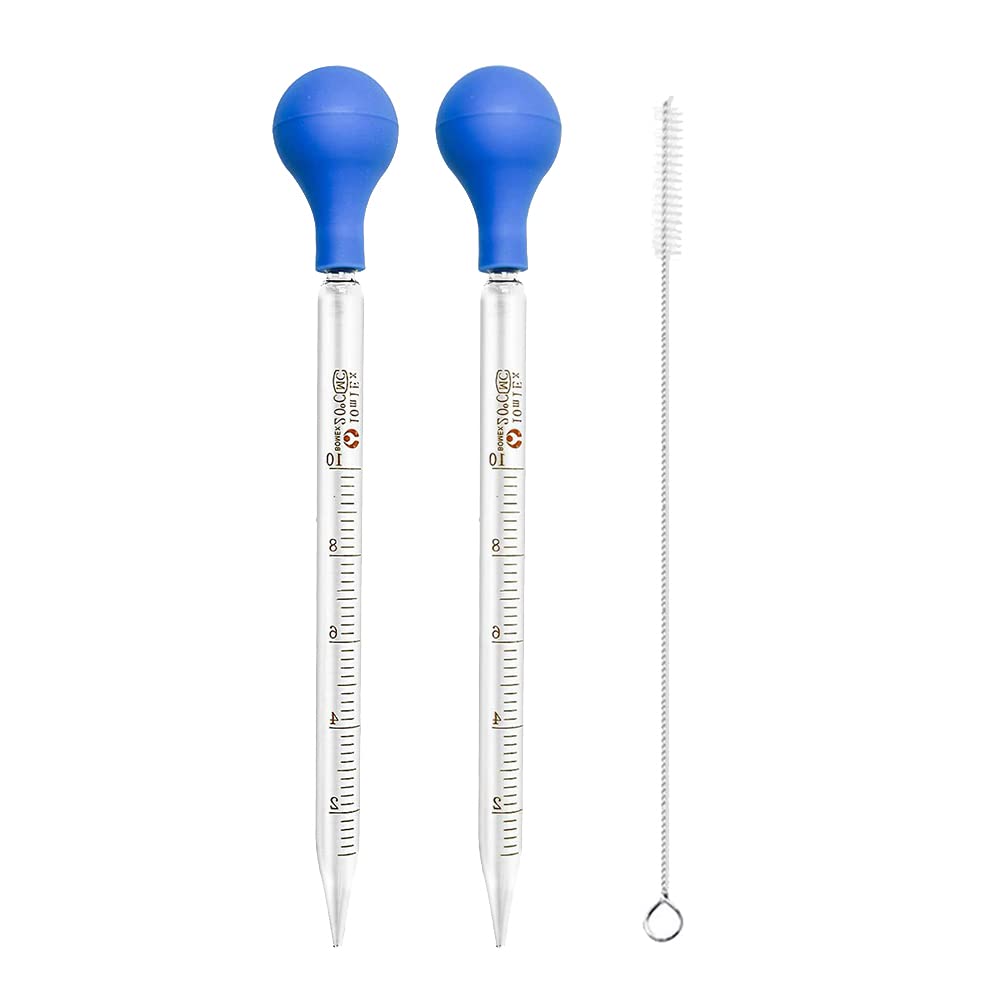 HugeDE 2 Pcs 10ml Glass Pipette Droppers Liquid Transfer Eye Droppers Large Essential Oil Droppers Dropping Pipettes with Bulb Cleaning Brush