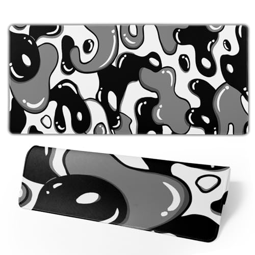 Image of Japanese Anime Geometric Gaming Mouse Pad XL 35.4x15.7 Inch Black Grey White Mousepad Extended Large Anime Mouse Pad with Non-Slip Rubber Base Stitched Edge PC Computer Laptop Desktop for Home Office