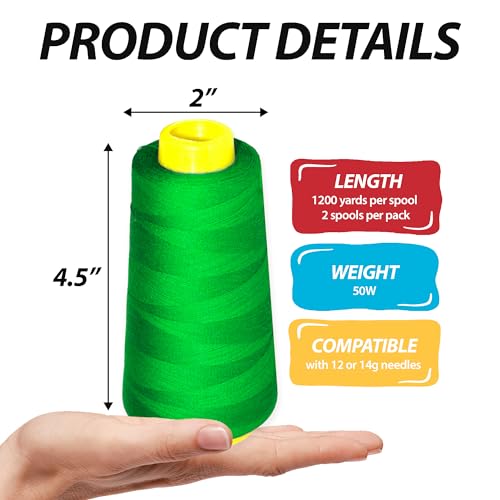 Image of Mandala Crafts Green Thread Cones for Machine and Hand Quilting - 2400 Yds 50 WT Multiple Purpose Mercerized 100% Cotton Threads for Sewing Machine Serger Embroidery