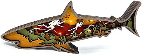 Annoomm Animal 12inch Shark Decor,Wooden Home Shark Statues and Figurines,Shark Wall Ornament Multilayer Woodland,Shark Silhouette and Sculpture,Shark Decoration for Wall Shelf Wood(Shark+Light)