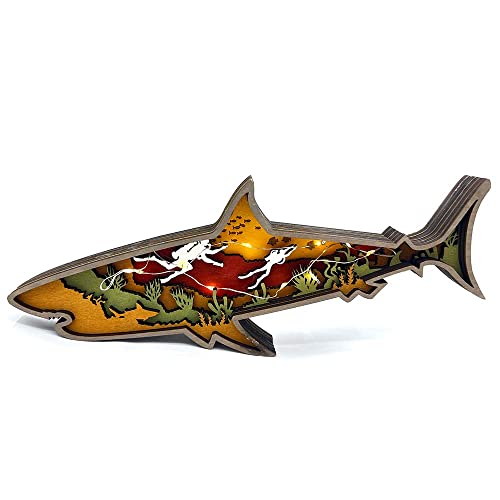 Annoomm Animal 12Inch Shark Decor,Wooden Home Shark Statues And Figurines,Shark Wall Ornament Multilayer Woodland,Shark Silhouette And Sculpture,Shark Decoration For Wall Shelf Wood(Shark+Light) #TOP6