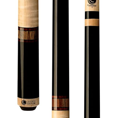 LUCASI Custom Mystic Black and Curly Maple Pool Cue with Cocobola and Snakewood Banded Rings 18-Ounce