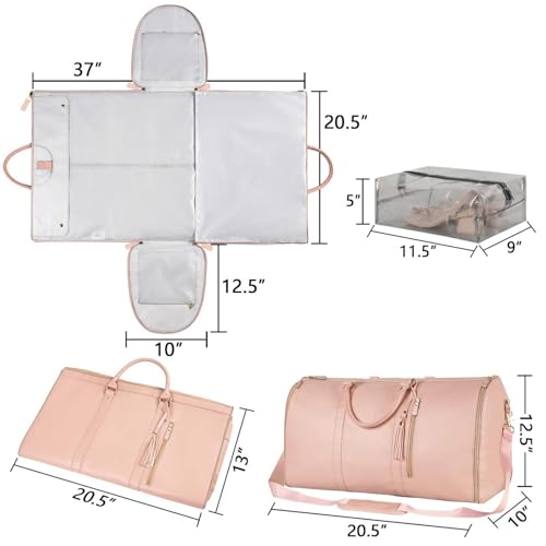 Garment Duffle Bags for Travel, Convertible Carry On Garment Bag with Shoe Compartment, Foldable 2 in 1 Waterproof Garment Duffle Bag, Travel Suit Duffel Bag for Gift-Pink2