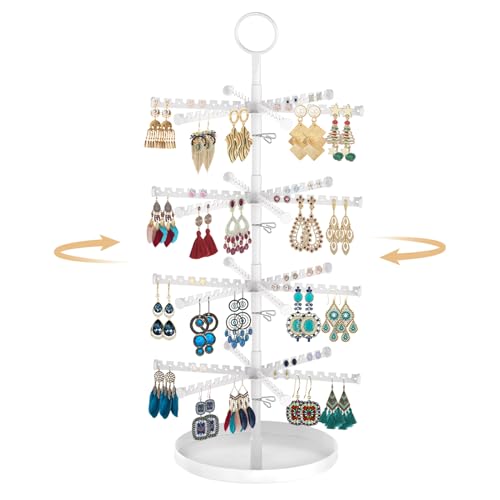 Image of MODOWEY 4 Tier Metal Rotating Earring Holder Organizer Stand Adjustable Display Tree for Women, 384 Holes and Grooves Rack Tower for Pierced Dangle, Large Capacity Space-Saving Jewelry Hanger, White