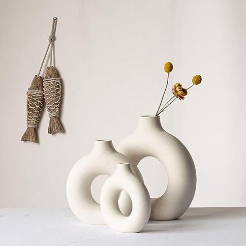 Image of White Donut Vase Hollow Ceramic Vase for Flowers Handmade Minimalist Style Modern Home Decor Round Shape Table Party Living Room Office Bedroom (4 inch Medium)