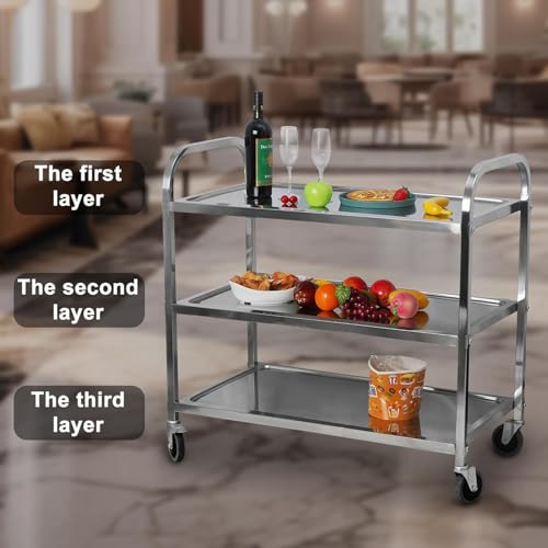 3-Tier Stainless Steel Utility Cart, Kitchen Trolley Cart, Rolling Serving Carts 330lbs Capacity Catering Shelf with Locking Wheels for Kitchen, Restaurant, Hotels, Home, Café, 95x50x95cm