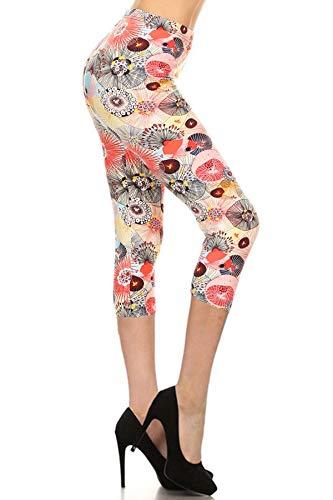 Leggings Depot High Waisted Camouflage & Multiple Print Leggings for Women-Capri-R647, Floral Parasol, Plus Size