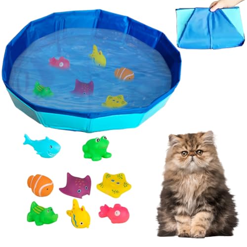 Piscina per gatti pieghevole, 50 x 10 cm, con 8 giocattoli da piscina, mini piscina per gatti e gatti, piscina per bambini, giocattolo acquatico per l'estate (blu, altezza 10 cm, diametro 50 cm)