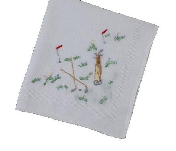 Shree adodhya Handmade Men's Cotton Embroidered Handkerchief, Custom Golf Theme White Hanky with Golf Clubs and Bag Motif, Vintage Style Pocket Square, Premium Sports Gift for Men, Golfers .set of 2.-image-0