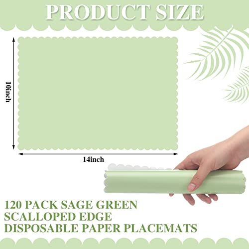 Glenmal 120 Pcs Disposable Paper Placemat Sage Green Placemats Green Disposable Scalloped Edges Table Mats for Restaurant Catering Dining Table, Birthday Parties Decor, 14 x 10 Inches