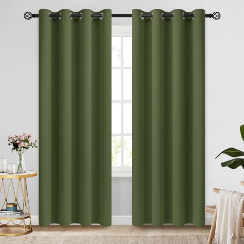 Image of COSVIYA Grommet Blackout Room Darkening Olive Green Curtains 96 inch Length | Thick Polyester Light Blocking Insulated Thermal Curtain Drapes for Bedroom /Living Room,2 Panels,52x96 inches