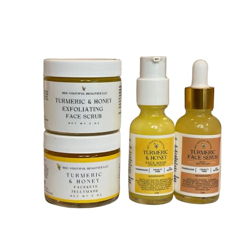 Bee-Youtiful Beauties Turmeric & Honey Glow Up Bundle | Turmeric and Honey Face Wash, Brightening Face Serum, Exfoliating Turmeric Face Scrub, Hydrating Jelly Mask | Gifts for Men & Women