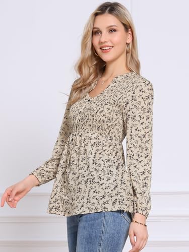 Allegra K Floral Blouse for Women 2025 V Neck Comfy Tee Long Sleeves Shirts Casual Smocked Tunic Tops4