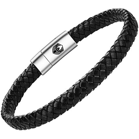 Mens Leather Bracelet Handmade Braided Leather Bracelets for Men with Magnetic Stainless Steel Clasp and Exclusive Bracelet Jewellery Box for Mens Gifts Idea (22CM, Black) Cover
