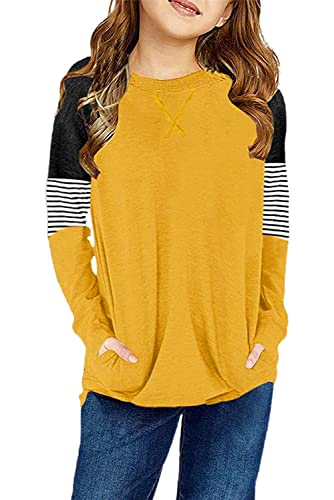 Image of SELINK Girls Big Kids Long Sleeve Striped Color Block Pocket Tees | Casual Loose Fit With Side Pockets,Soft Stretch Polyester Blend For Big Girls Daily&Back To School Wear