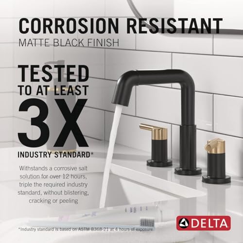 Image of Delta Nicoli Matte Black /Brushed Gold Bathroom Faucet with Sprayer, 8 Inch 3 Hole Widespread Bathroom Sink Faucet with Pull Out Sprayer, Push-Pop Drain, Matte Black /Champagne Bronze 35849LF-GZPD