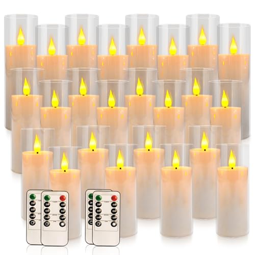 Image of 24 Pcs Acrylic LED Flameless Candles with 4 Remote,White,Flickering, Clear, Suitable for Wedding, Party, Home Decoration & Outdoor.